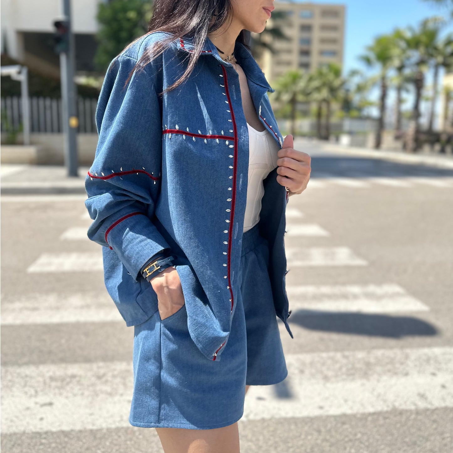 Denim metallic embellished shirt with shorts