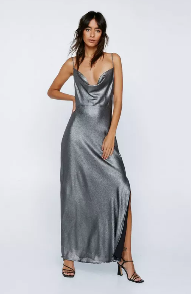 Cowl Neck Metallic Foiled Maxi Dress