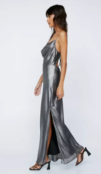 Cowl Neck Metallic Foiled Maxi Dress