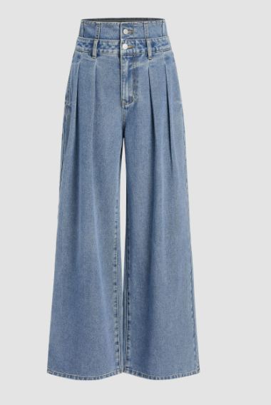 Double Waist Solid Button Wide Leg Jeans