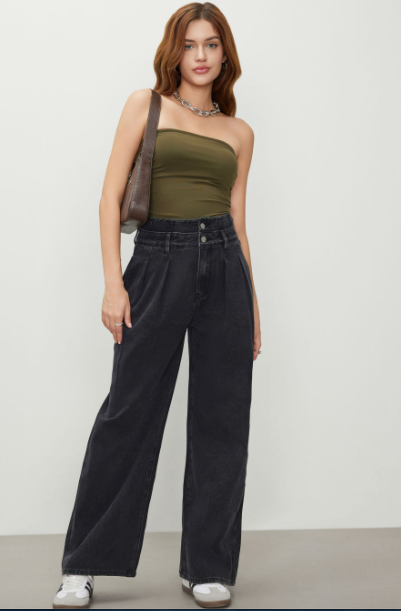 Double Waist Solid Button Wide Leg Jeans