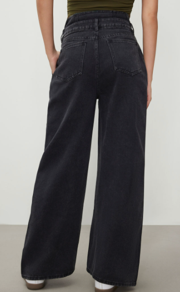 Double Waist Solid Button Wide Leg Jeans