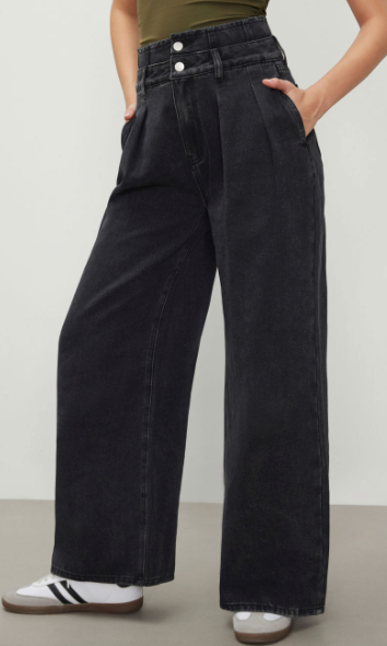 Double Waist Solid Button Wide Leg Jeans